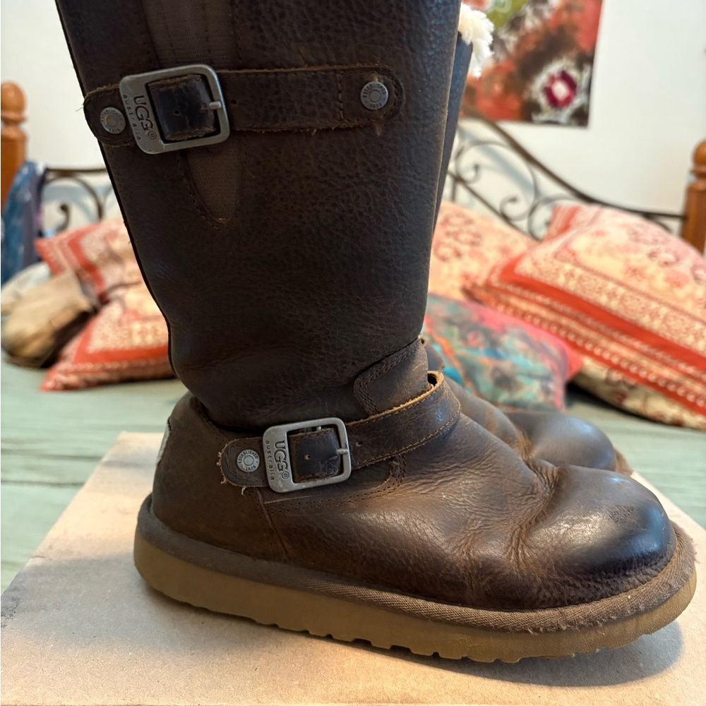 UGG Kensington Kids Dark Brown Leather Boots with Buckles